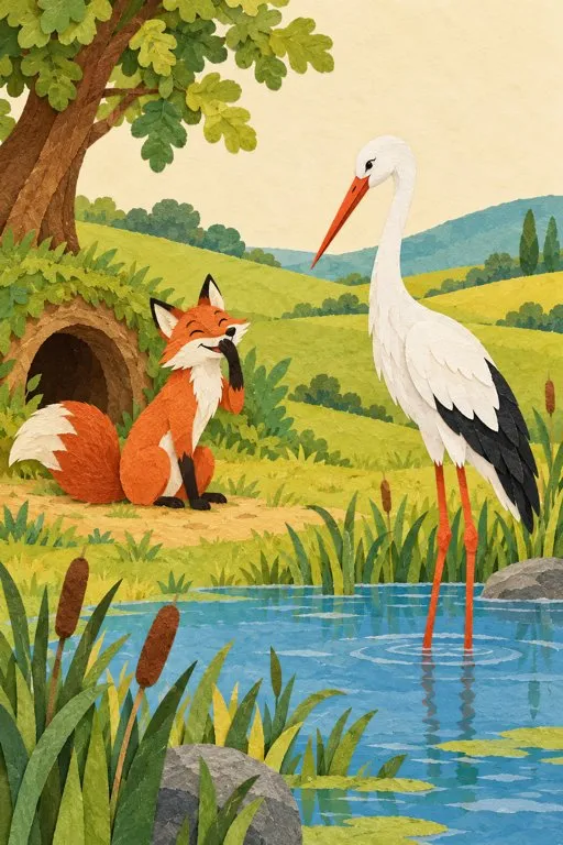 Illustration from page 2 of The Fox and the Stork: A Gentle Retelling