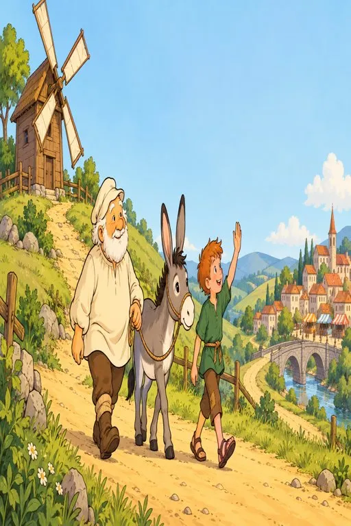 Illustration from page 2 of The Miller, His Son, and the Ass: A Gentle Retelling