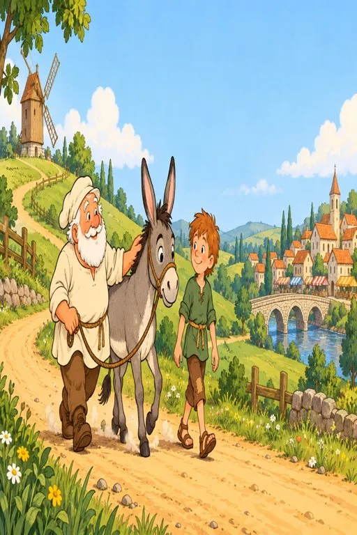 Illustration from page 3 of The Miller, His Son, and the Ass: A Gentle Retelling