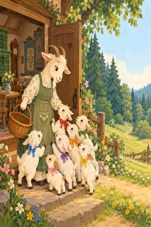 Illustration from page 2 of The Wolf and the Seven Little Kids: A Gentle Retelling