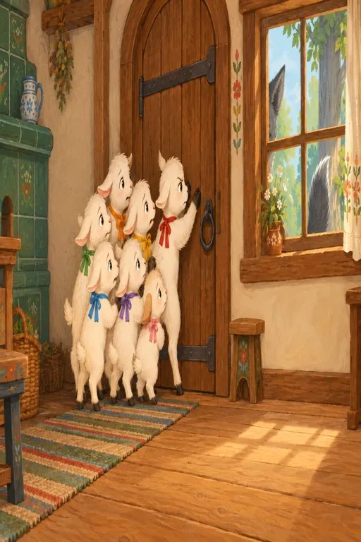 Illustration from page 4 of The Wolf and the Seven Little Kids: A Gentle Retelling