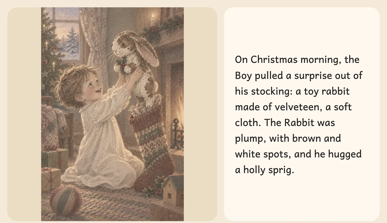 A page from The Velveteen Rabbit read full screen: the boy finds a toy rabbit in his Christmas stocking, with the story text beside the picture.