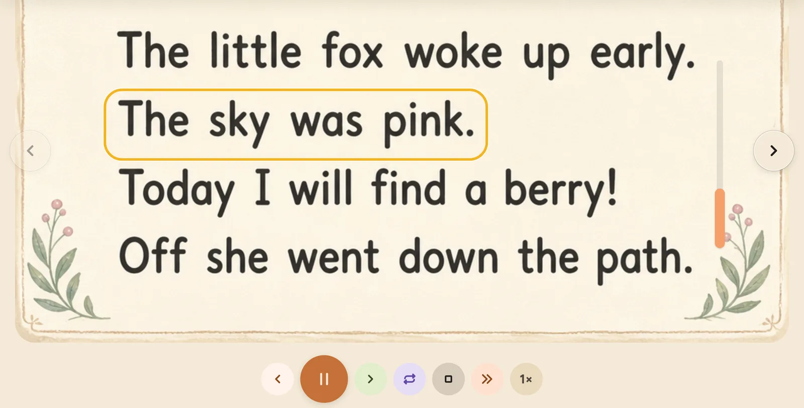 Page Focus showing a photographed page with the sentence “The sky was pink.” outlined while it is read aloud.