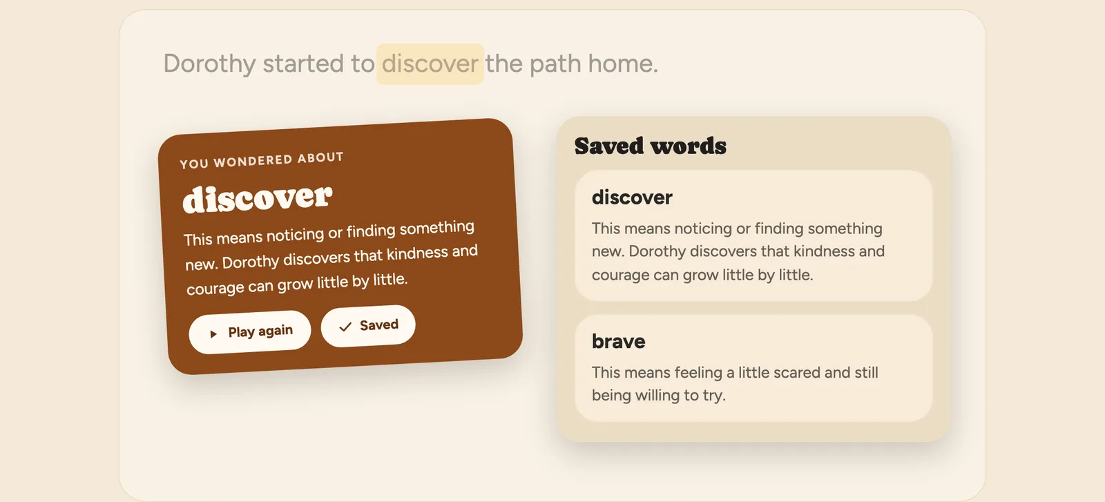 Wonder Explorer explaining the word “discover” from the sentence “Dorothy started to discover the path home”, beside a Saved words list.