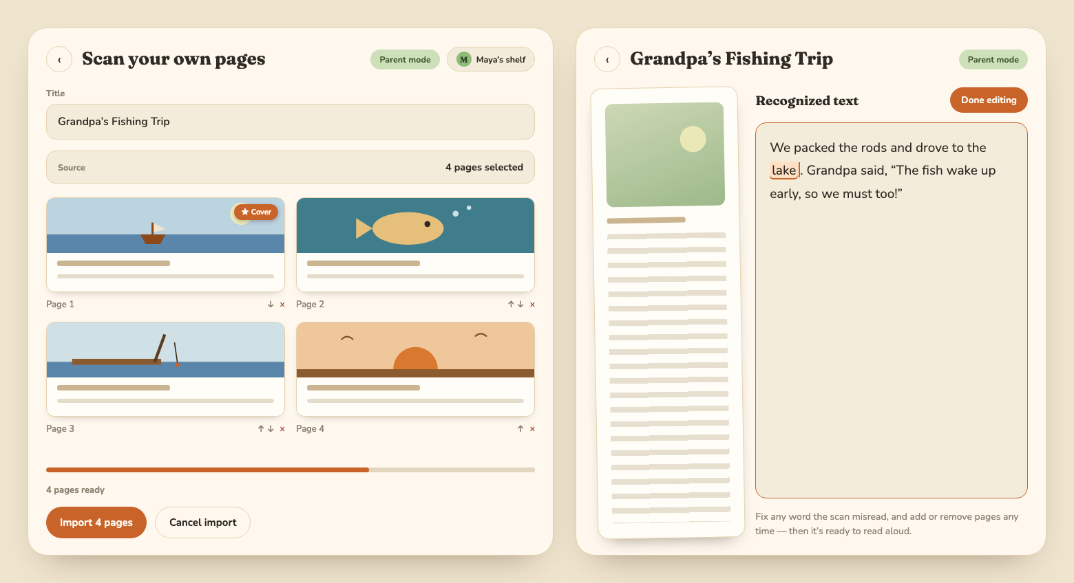 A Wonder Teller import in progress, with scanned pages beside the Fix text panel where a parent edits the recognized text.